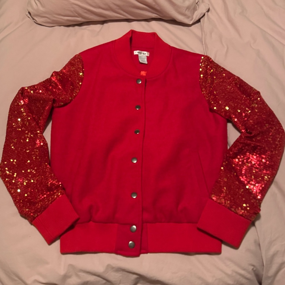 Better B Red Sequin Sleeve & Wool Bomber Jacket Size Large